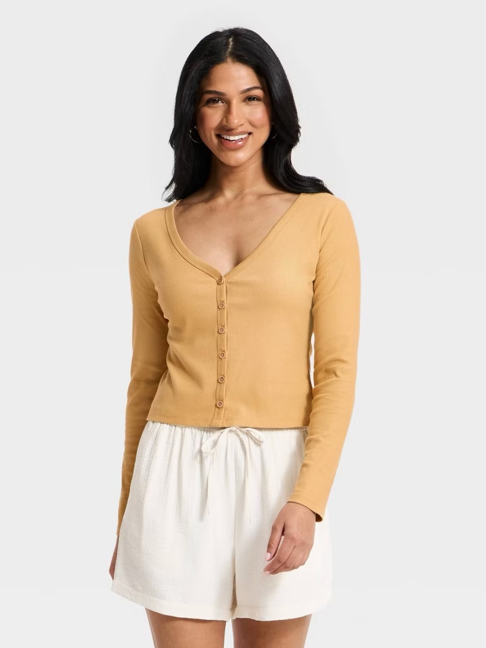 a New Day Ribbed Button-Front Long Sleeve Top -Tan
